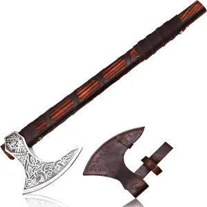 High Quality Custom Hand Forged Carbon Steel Viking axe Camping Axe For Survival factory direct with leather sheath