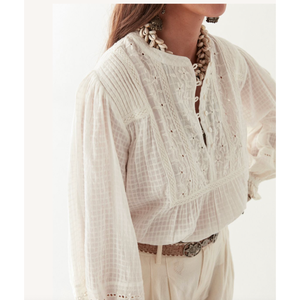 Blouse en lin SABINE 100% lin brodée de fleurs, style vintage western, respirante, coupe ample, tailles XL et XXL, Perle Perle - Product Image 5