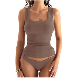 Débardeurs basiques pour femmes, débardeurs sans manches, été, couleur unie, coupe ajustée, col carré, débardeur côtelé - Product Image 2