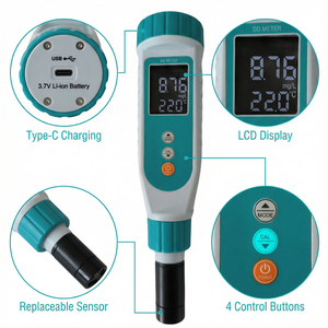 पोर्टेबल डिजिटल घुली ऑक्सीजन मीटर टेस्टर पेन ओएम एक्वाकल्चर मछली तालाब झींगा खेती पानी की गुणवत्ता मॉनिटर 0-20.00 मिलीग्राम/एल - Product Image 4