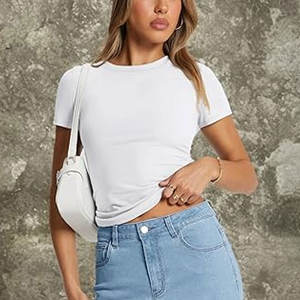 Camisetas de cuello redondo para mujer Camiseta ajustada informal diaria para mujer Tops básicos para mujer Camiseta elástica - Product Image 4