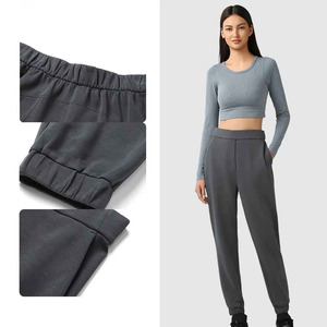 Ensemble deux pièces en coton pour femmes haut court à col rond et sweat à capuche pleine longueur bouton décor brodé automne décontracté Streetwear pour dames - Product Image 5