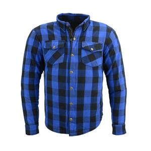 เสื้อเชิ้ตผู้ชายแบบแห้งเร็ว กันลม สำหรับขี่มอเตอร์ไซค์ ลายสก็อตสีน้ำเงินดำ บุด้วยเคฟลาร์ ขนาดสั่งทำได้ ผลิตในปากีสถาน - Product Image 1