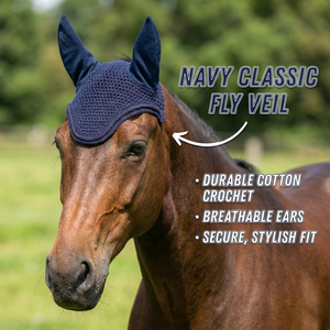 Velo de ganchillo azul marino para moscas de caballo con orejeras a juego, gorro ecuestre clásico hecho a mano, acolchado suave, cómodo y de alta calidad para equitación. - Product Image 3