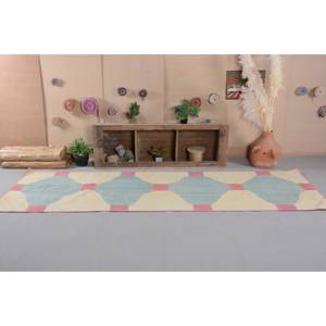 พรมตุรกีโบราณแบบทันสมัยขนาด3.5x12ฟุตผ้าขนสัตว์สีฟ้างานเย็บปะติดปะต่อกันทำด้วยมือสำหรับวัยรุ่นห้องนั่งเล่นสี่เหลี่ยมผืนผ้าห้องโถง - Product Image 1