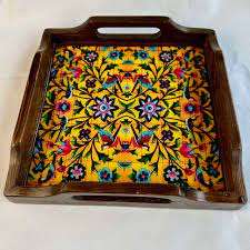 Bandeja sólida de madera hecha a mano tradicional con diseño étnico para té o comedor Pooja-Precio bajo ecológico artístico - Product Image 5