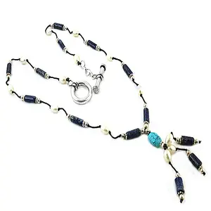 Women's Fashion <b>Necklace</b> Gold-Plated Stainless Steel with Pearl and Lapis Lazuli Elegant Jewelry - Product Image 1