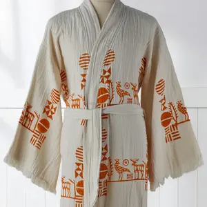 Bata de baño unisex de algodón de lujo con estampado de bloques, ligera, de lino tejido, transpirable, para primavera, verano y todo el año, ropa de dormir y de descanso. - Product Image 3