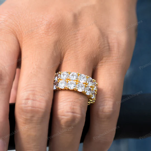 Anillo de boda de eternidad de doble fila totalmente helado, chapado en oro lujoso personalizado con moissanita VVS, anillo de Hip Hop de diamante de corte redondo - Product Image 3