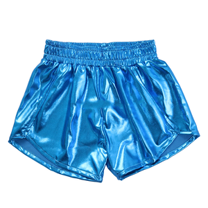 Short d'été de couleur unie avec logo personnalisé pour bébé fille Short en tissu métallique pour fille Short de gymnastique taille haute en cuir artificiel - Product Image 5