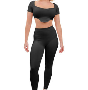 <b>Women</b> Ribbed High Waist <b>Leggings</b> <b>Crop</b> Top Seamless Stretch Tracksuit Gym Set Seamless in Stock Fitness Wear Breathable OEM - Product Image 1