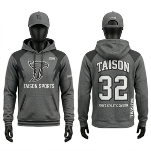 Sweat à capuche athlétique de football américain pour homme en coton polyester molletonné gris avec empiècements contrastants, impression personnalisée du nom, du numéro et du logo - Product Image 1