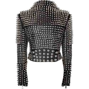 Veste de motard en peau de mouton respirante pour femme, personnalisée, en coton tricoté, avec rivets et clous, coupe ajustée, vente en gros - Product Image 3