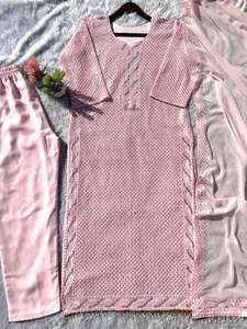 Conjunto de pantalón y Dupatta de mujer de diseñador al por mayor, ropa de boda de fiesta india, tela Georgette de imitación, secuencia de trabajo bordada - Product Image 3