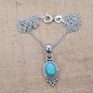 Blue Turquoise Sterling Silver Pendant Necklace Handmade Oval Gemstone Natural Stone Jewelry Gift For Women - Product Image 1