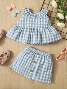 Diseño elegante y hermoso de tela de algodón a cuadros bebé blanco y azul cielo de Top y corto sin manga @ 2024 - Product Image 2