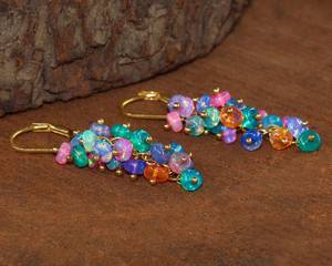Multi <b>Opal</b> Gemstone Smooth Beads Cluster <b>Earrings</b> Natural Fire <b>Opal</b> Beaded Sterling Silver 14k Gold Plated Anniversary Party - Product Image 3
