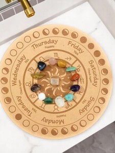 จานไม้แกะสลักจักระสำหรับการรักษาและทำสมาธิสไตล์ฮวงจุ้ยสัญลักษณ์จักรราศี Vastu สำหรับชาร์จหินคริสตัล - Product Image 2