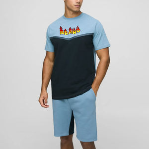 Nueva moda 2025 100% algodón Hombre corto conjunto personalizado 3D puff impreso logo color block 2 piezas conjunto streetwear chándal de hombre - Product Image 4