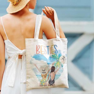 Women's Customized Besties' Back <b>Beach</b> Holiday Style <b>Canvas</b> Handbag Durable Cotton for Summer Open Closure Reusable Cotton - Product Image 5