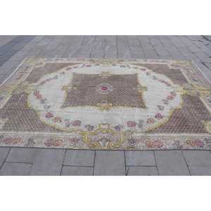 พรมตุรกี ขนาด 7.6x8.5 ฟุต พรมวินเทจ สีน้ำตาลเหลืองลายตารางหมากรุก ทำจากขนสัตว์ - Product Image 4