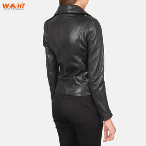 Chaqueta de motorista de cuero negro genuino para mujer, ajustada, cuello de solapa clásico, cremallera frontal asimétrica, cremallera lateral, liso teñido sólido - Product Image 3