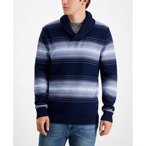 Sun + Stone <b>Men's</b> Deacon Medium Blue Horizontal Striped <b>Shawl</b> Sweater 100% Cotton - Product Image 1
