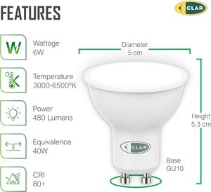 Lampadina a LED CLAR - GU10 6W 9W, luce ad alta efficienza energetica per faretti e apparecchi Spot da incasso, illuminazione interna - Product Image 2