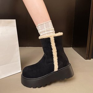 Botines de Lana y Cachemira Transpirables para Mujer y Niña, Otoño, Cortos, de Gamuza, Punta Redonda, Plataforma, Tacón de 5 cm - Product Image 2