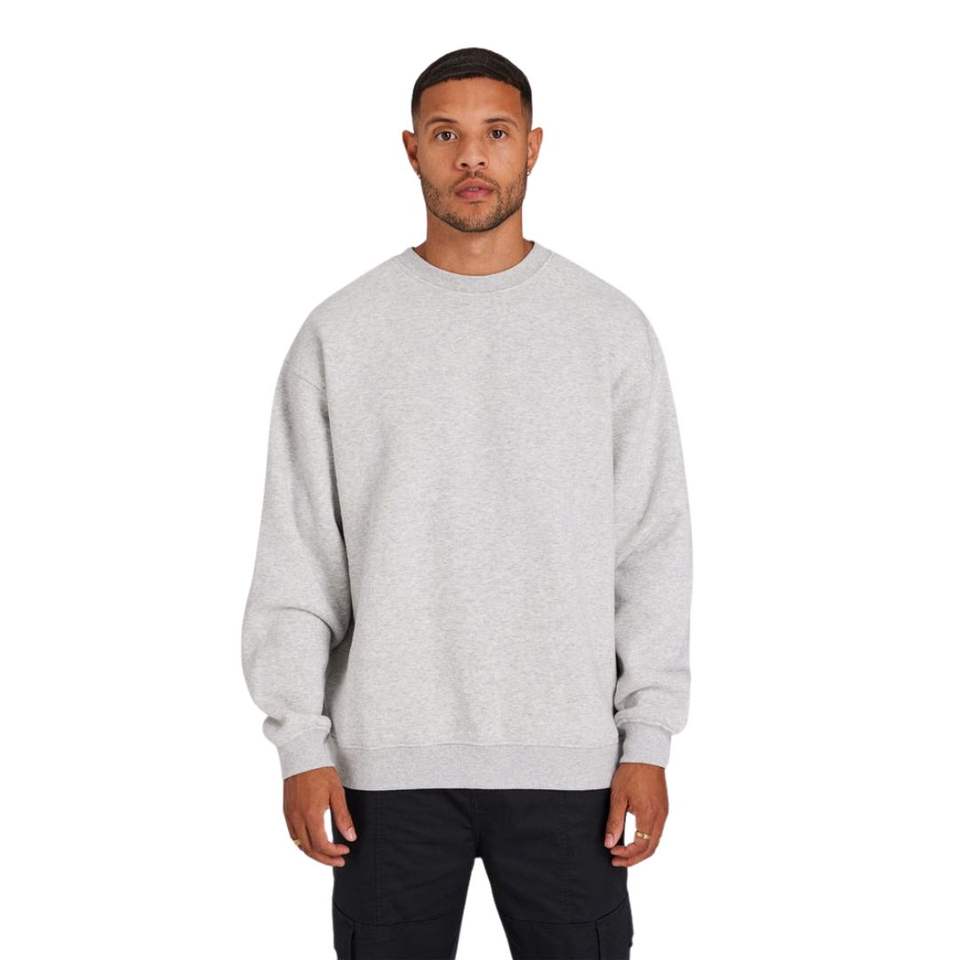 Mens Oversized Sweatshirt Grey Marl 345gsm Cotton Pullover Crewneck With Subtle Chest Logo And Relaxed Fit