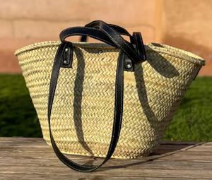 Bolso de mano de paja marroquí hecho a mano con dos correas de cuero cesta de mercado de hoja de palma tejida - Product Image 2