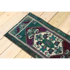 Alfombra Turca Vintage de 1.6x3.2 pies, Alfombra de Lana Azul con Estampado de Animales Pequeños - Product Image 4