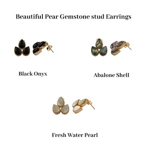 Beautiful <b>Black</b> Onyx Classic Pear Shape <b>Stud</b> <b>Earrings</b> Push Back Design Gold Plated Handcrafted Brass Jewelry Gift for Women - Product Image 2