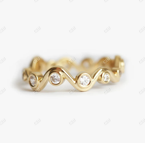 Anillo de Compromiso de Oro Amarillo Sólido de 14K con Moissanita Tallada en Bisel, Certificado GRA, Diseño de Onda, Joyería de Moda, Eternidad Completa - Product Image 5