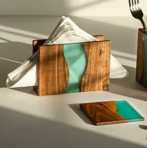 Anneaux de serviette en bois époxy bleu moderne distributeur de boîte à mouchoirs en résine élégante pour la maison salle à manger cuisine - Product Image 1