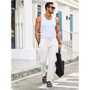 2025 <b>Men's</b> Casual 100% Cotton Pants Drawstring Elastic Waist Ribbed Sweatpants Straight Leg <b>Loose</b> Fit <b>Trousers</b> Customized - Product Image 2