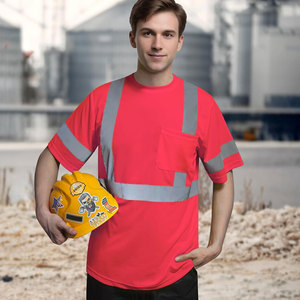 เสื้อยืดทำงานสีแดงสะท้อนแสงสำหรับผู้ชาย แถบสะท้อนแสง ผ้าฝ้าย ชุดยูนิฟอร์มนิรภัย ป้องกันแบคทีเรีย ป้องกันรังสียูวี พิมพ์ลาย ได้รับมาตรฐาน CE ไซส์ใหญ่ - Product Image 4