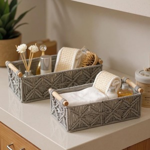 Stylish Set Of 2 Rectangular Macrame Fibre Baskets Ideal For <b>Makeup</b> Skincare Bathroom Essentials <b>Organising</b> From India - Product Image 6