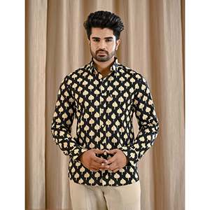 Chemise décontractée noire 100 % coton imprimée avec col mandarin, manches longues, tissu popeline, style smart décontracté, respirante et tendance - Product Image 1