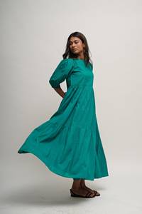 Robe tunique Boho en coton biologique Maxi à plusieurs niveaux, bleu sarcelle, confortable, coupe ample, taille personnalisée, dernier modèle, poches mi-longues - Product Image 4