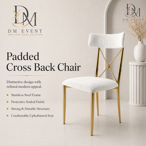 Gold X Cross <b>Back</b> Stainless Steel Event Chair with White <b>Cushion</b> for Wedding and Hotel Banquets Wholesale Seating - Product Image 1