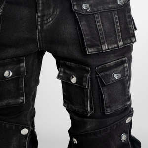 <b>Mens</b> High Quality Black Biker Denim Jeans & Jacket Hip-Hop Style Stonewashed Breathable Solid Pattern Spring Collection - Product Image 3