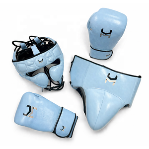 ชุดฝึกซ้อมมวยหนังวัวแท้สีน้ำเงินแบบกำหนดเองได้ พร้อมถุงมือแบบผูกเชือกสำหรับมืออาชีพ ขายส่ง พร้อมอุปกรณ์ป้องกันศีรษะและอวัยวะเพศชาย - Product Image 1