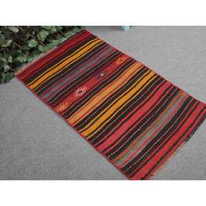 Turkish Kilim Rug 2.1x3.5 ft, <b>Red</b> Black Patchwork <b>Wool</b> Vintage Rug - Product Image 1
