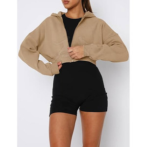 Casual Zipper Crop <b>Top</b> Hoodie With Adjustable Hood And Relaxed Streetwear Style Soft Zipper Crop <b>Top</b> Hoodie - Product Image 6