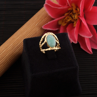 Regalo de dama de honor para ella, cabujón natural, diseño de amazonita, textura, anillo de banda de tres capas, anillos de piedras preciosas ovaladas chapados en oro de latón
