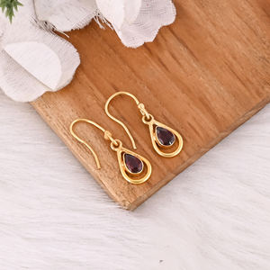 Boucles d'oreilles pendantes en forme de poire, plaquées or, en argent sterling 925, avec pierre précieuse grenat du Mozambique, sertie dans un cadre, design populaire - Product Image 2