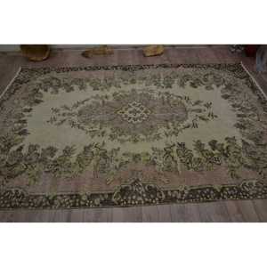 พรมขนาด 5.6x9.2 ฟุต, พรมวินเทจตุรกี, พรมขนสัตว์ลายดอกไม้สีเบจ - Product Image 4