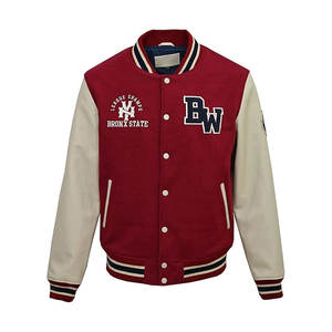 Chaqueta de cuero estilo bombardero Retro Varsity para hombre con cuerpo de lana e insignias bordadas, ropa de invierno con cuello levantado y servicio OEM - Product Image 2