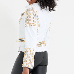 แจ็คเก็ตหนังนักขี่จักรยานสีขาวสำหรับผู้หญิง,แจ็กเก็ตหนังทรงแหลมขนาดใหญ่พิเศษสไตล์ใหม่ - Product Image 2